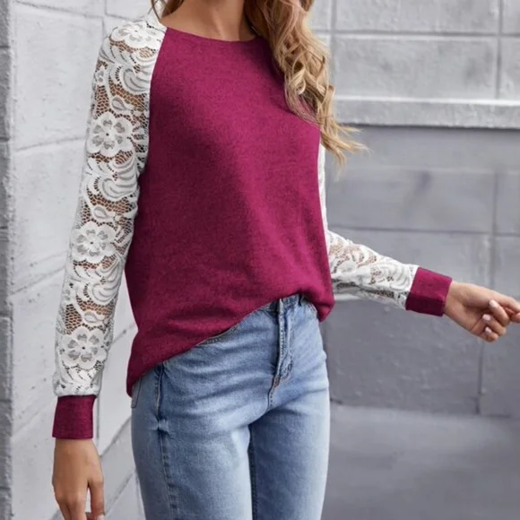 Floral Lace Sheer Sleeve Top - Picture 14 of 15